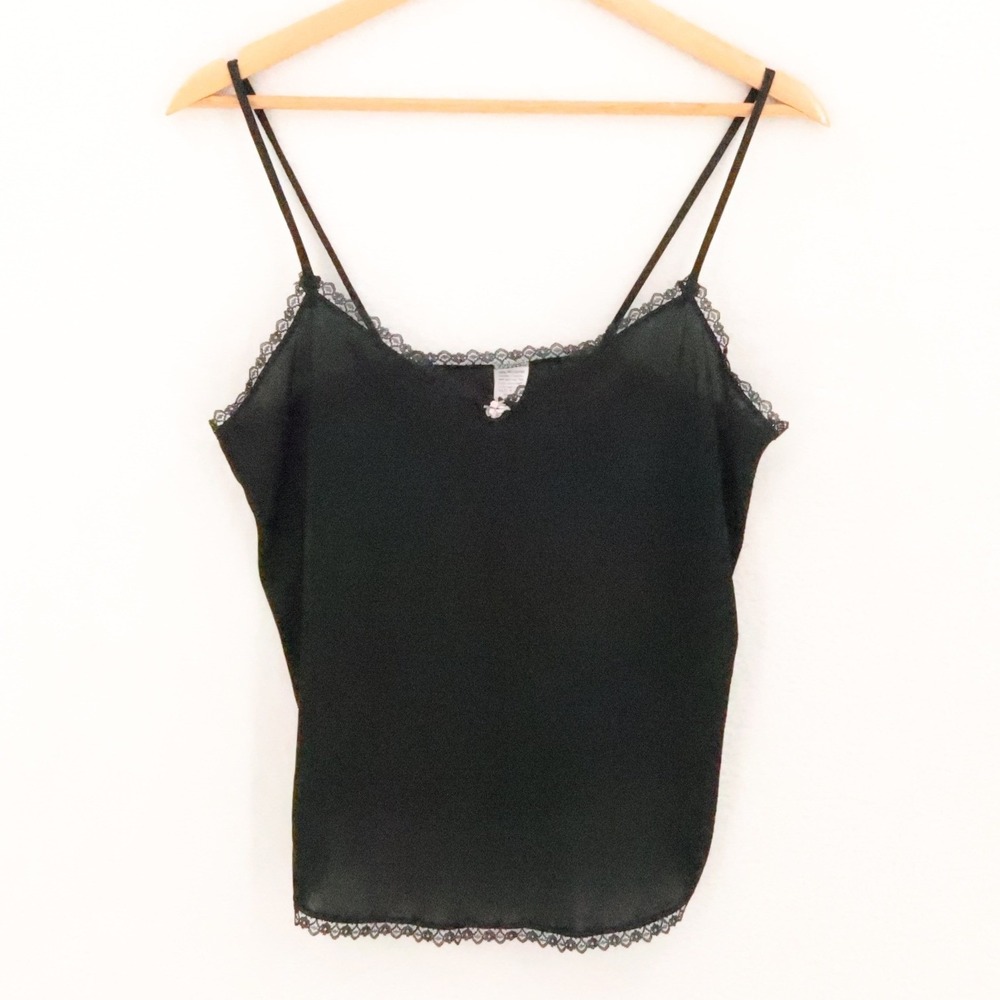 Petra Fashions Lace Trim Cami Top Vintage 90s Size M Black Y2K Coquette Lingerie